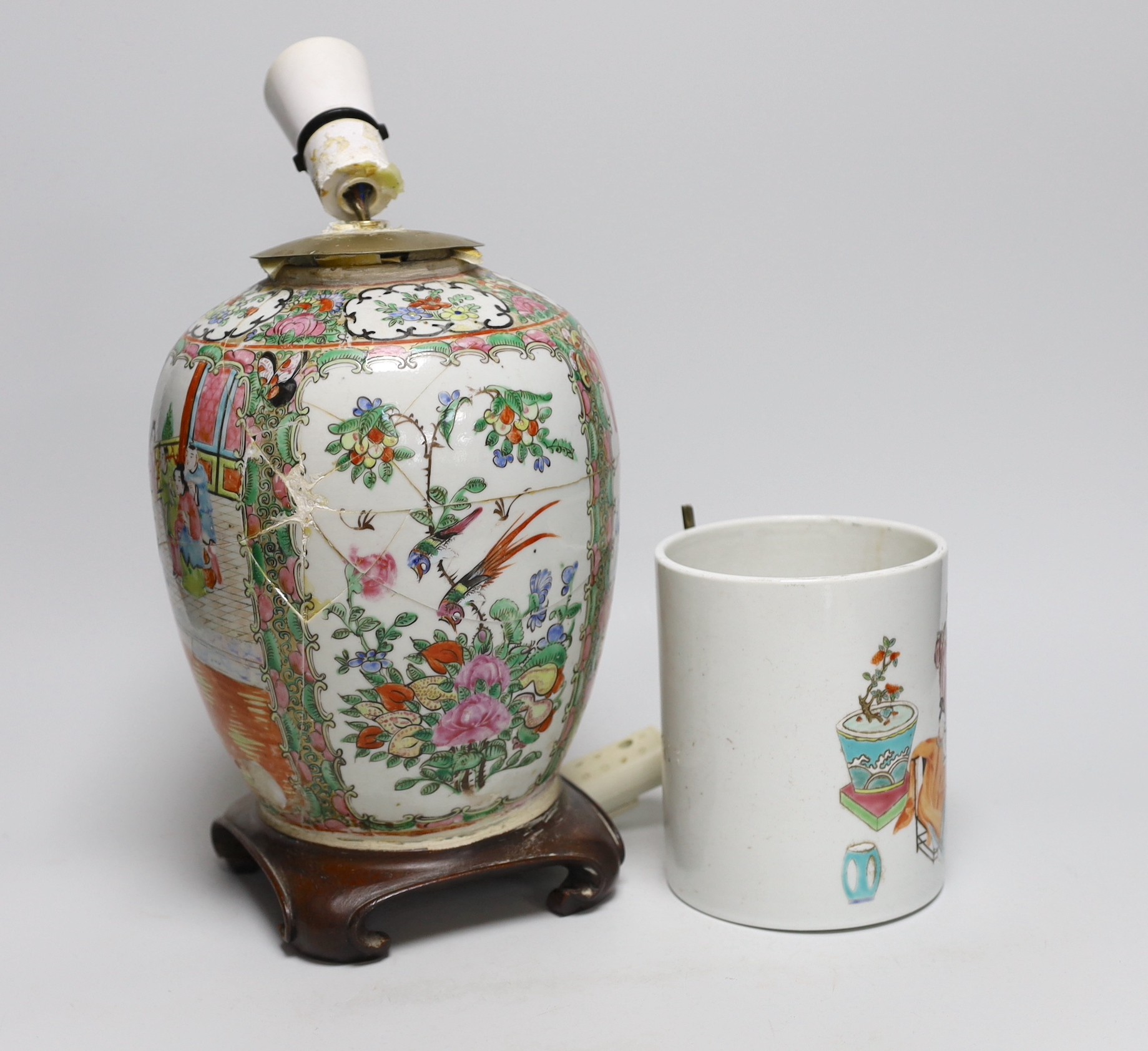 A famille rose vase converted into a lamp, together with a similar brush pot
